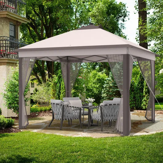 11 x 11 Feet Portable Outdoor Patio Folding Gazebo with Led Lights -Beige