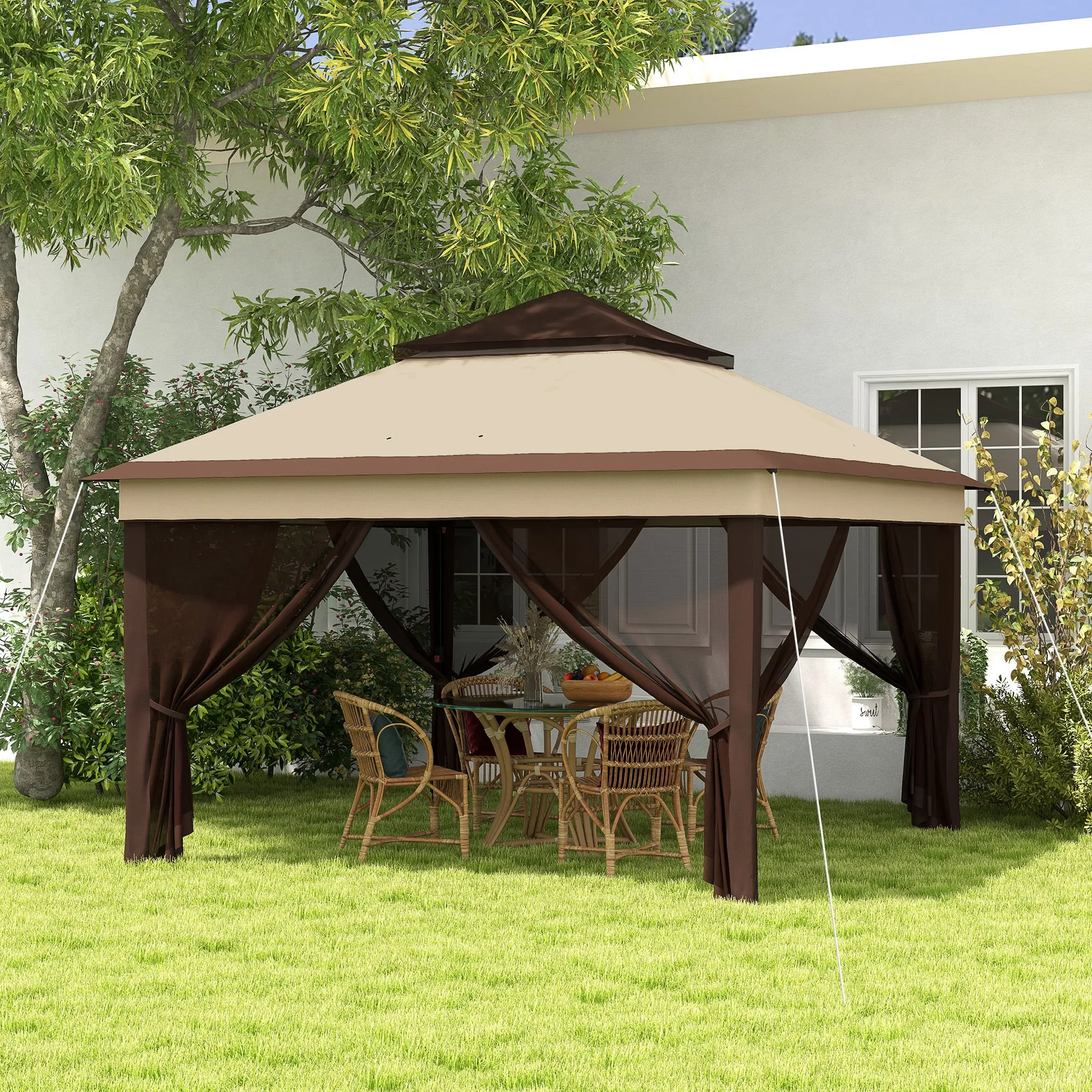 3 x 3(m) Pop Up Gazebo, Height Adjustable Instant Event Shelter with Netting and Carrying Bag, Beige