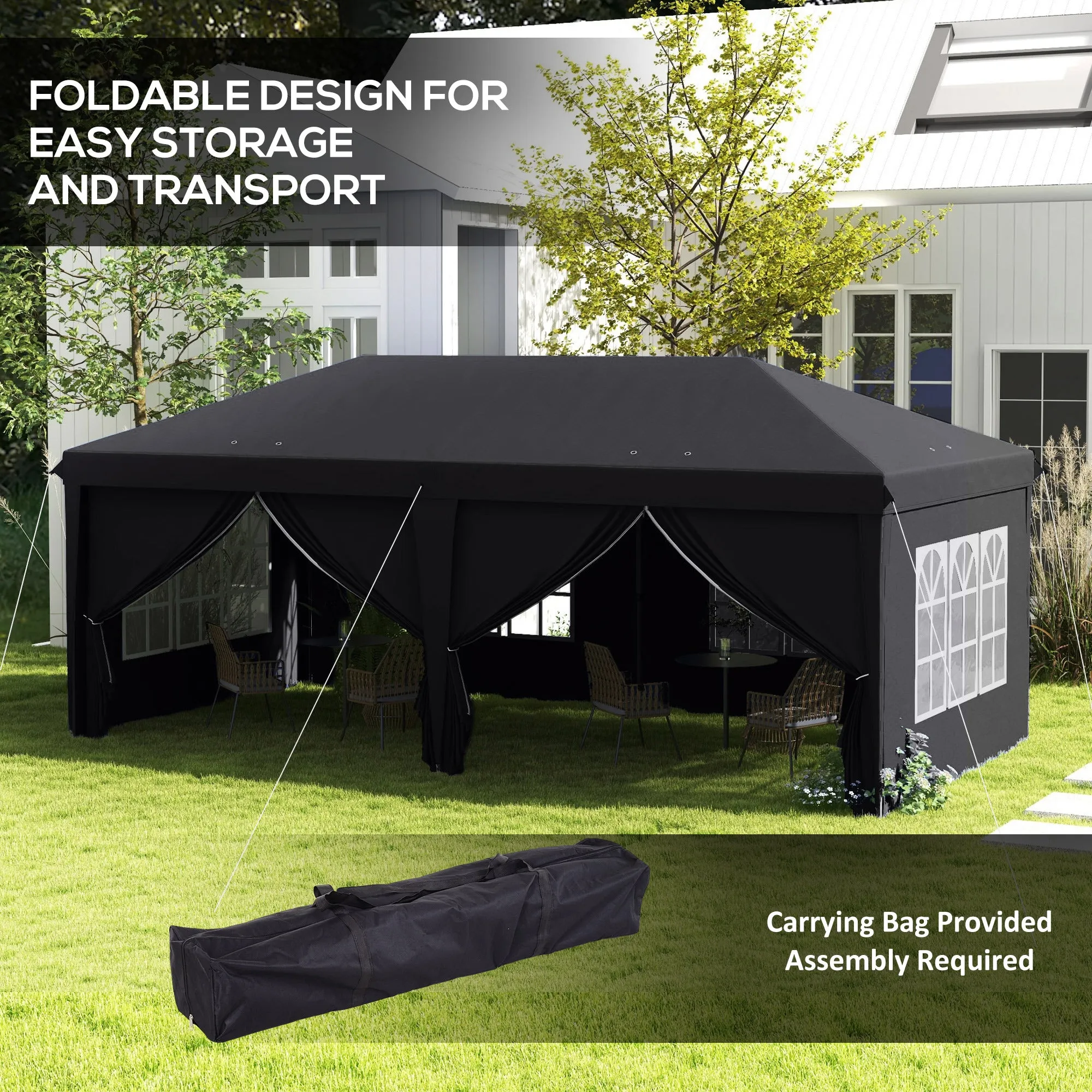 3 x 6 m Pop Up Gazebo with Sides and Windows, Height Adjustable Party Tent with Storage Bag for Garden, Camping, Event, Grey