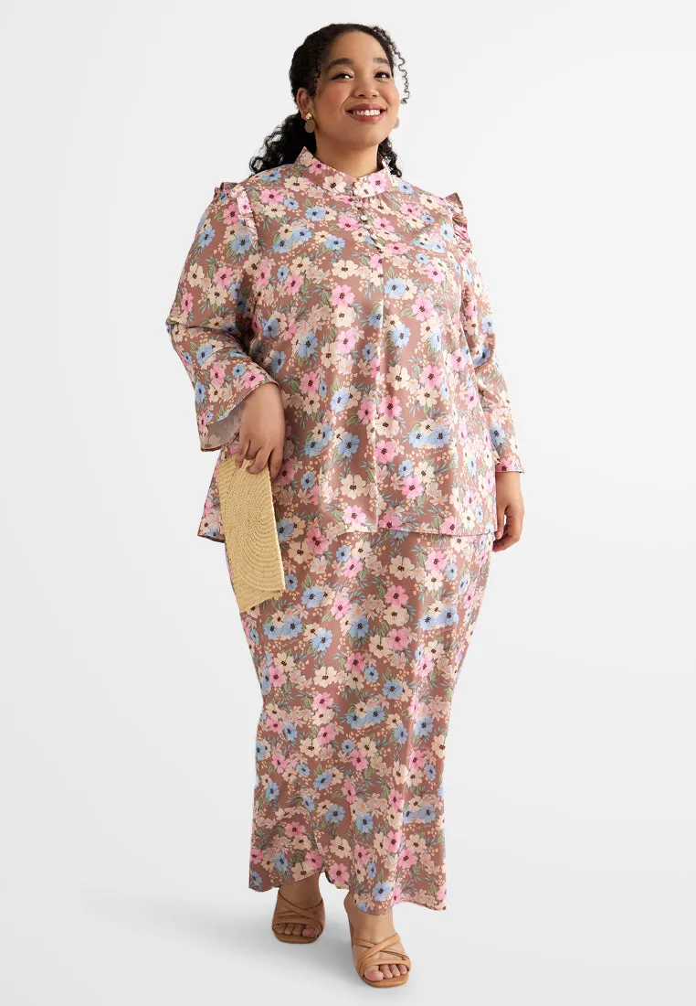 Anum High Collar Ruffles Floral Prints Kurung Set