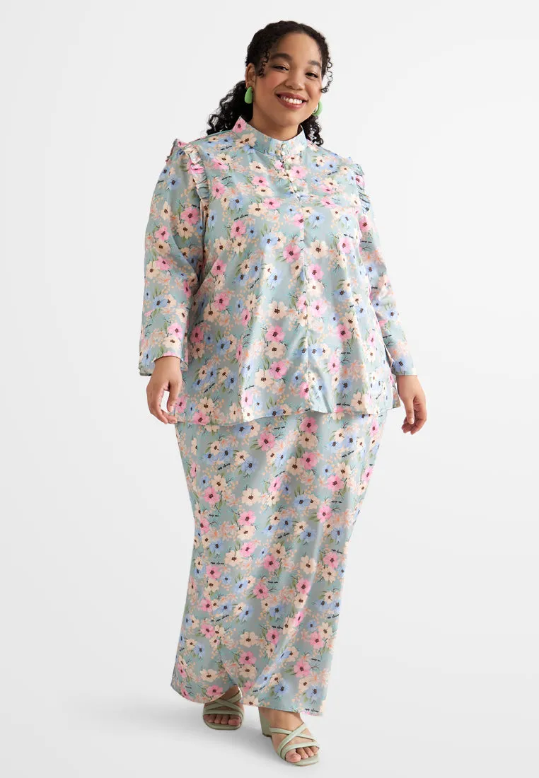 Anum High Collar Ruffles Floral Prints Kurung Set