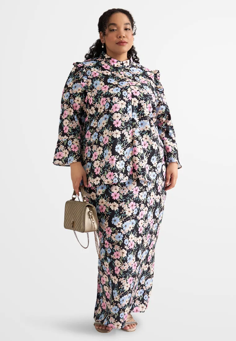 Anum High Collar Ruffles Floral Prints Kurung Set