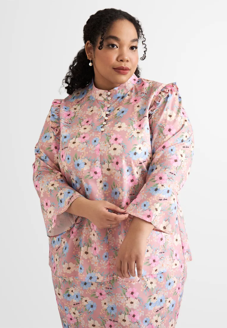 Anum High Collar Ruffles Floral Prints Kurung Set