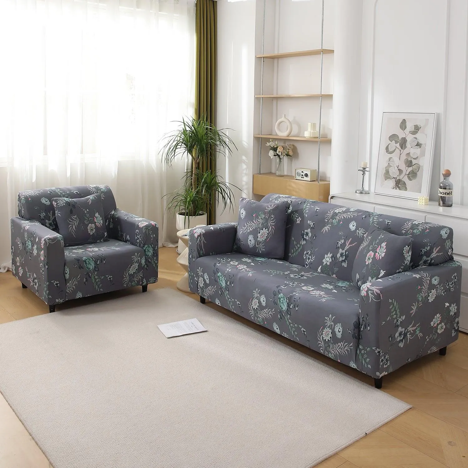 Bentonite Grey Budding Florals Printed Elastic Sofa Cover