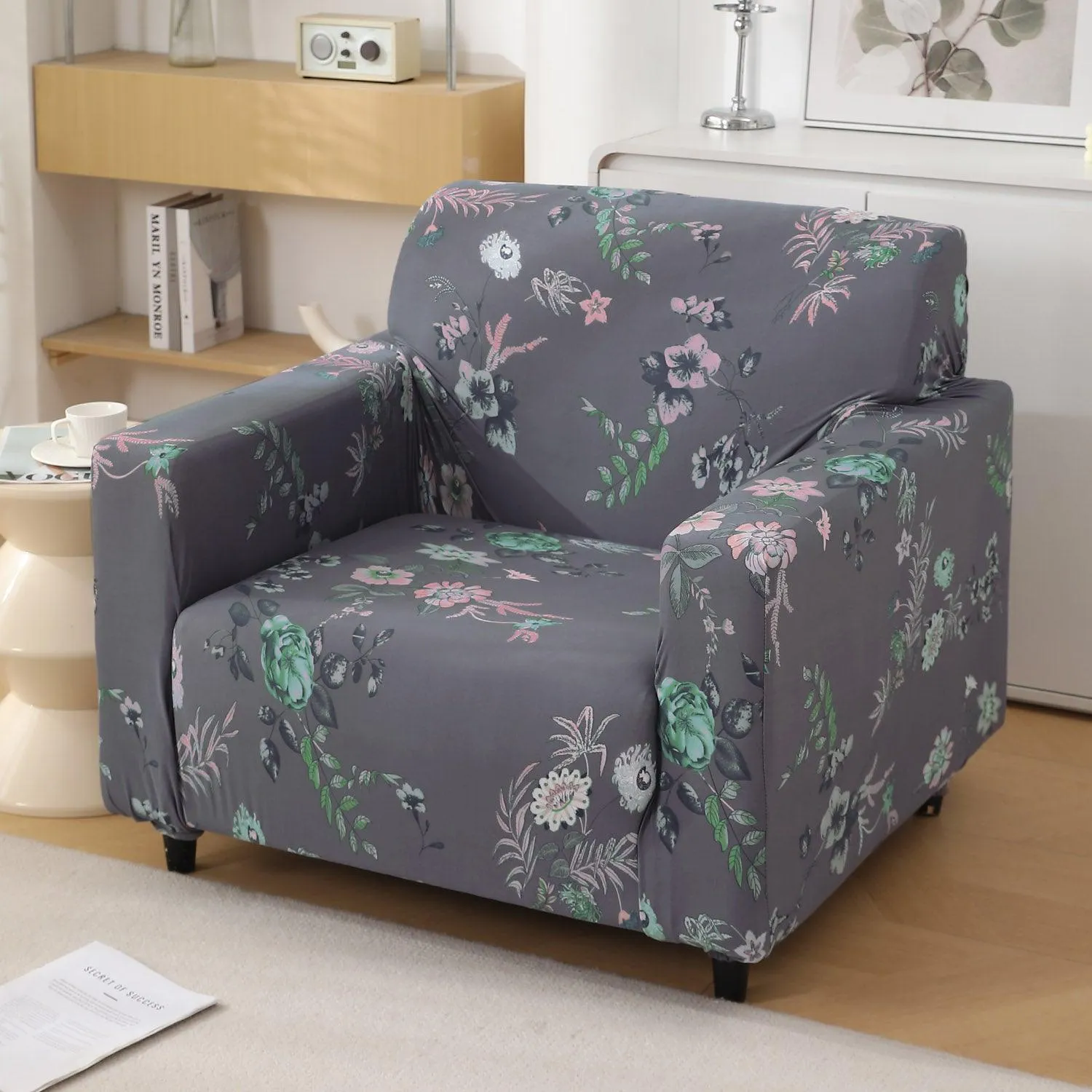 Bentonite Grey Budding Florals Printed Elastic Sofa Cover