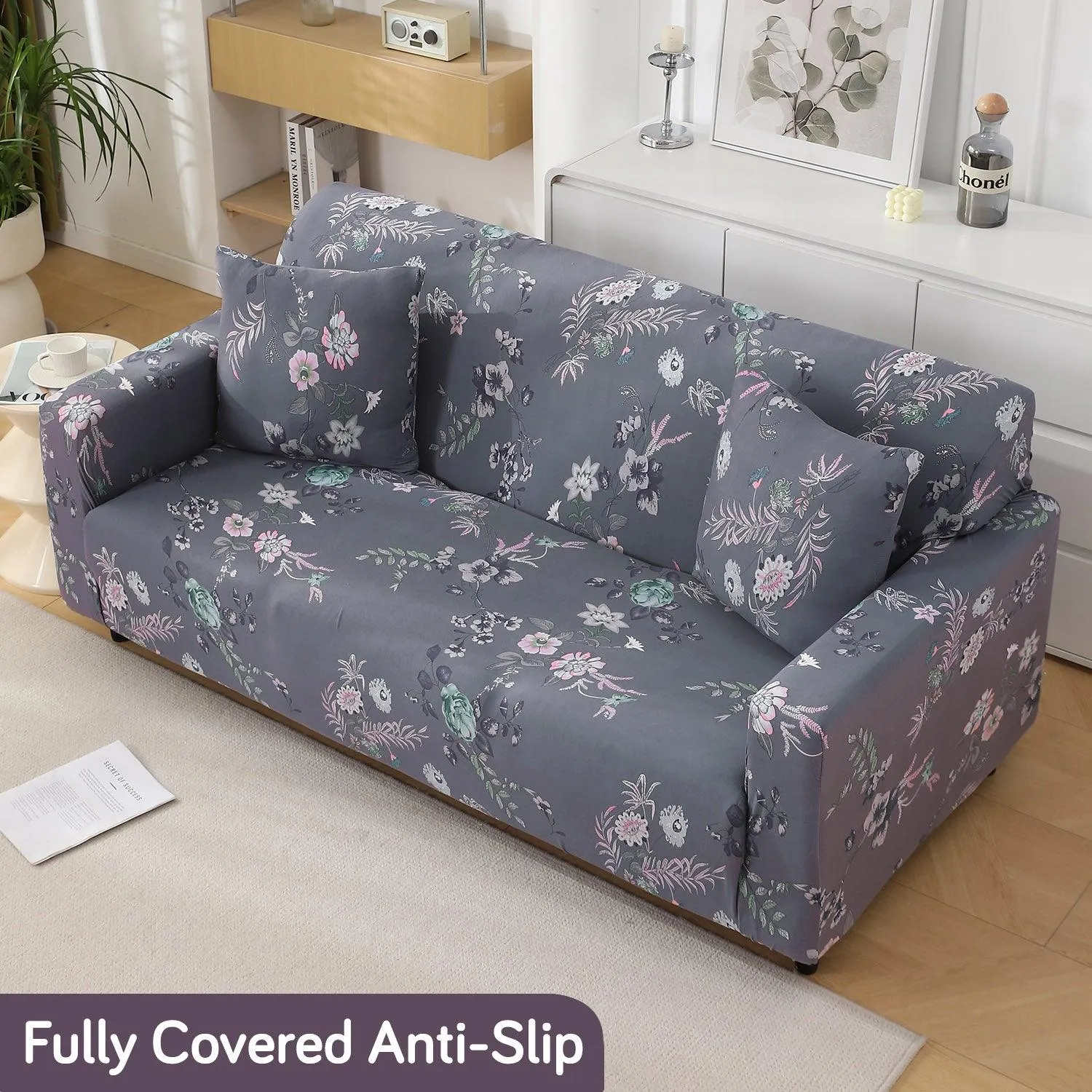 Bentonite Grey Budding Florals Printed Elastic Sofa Cover