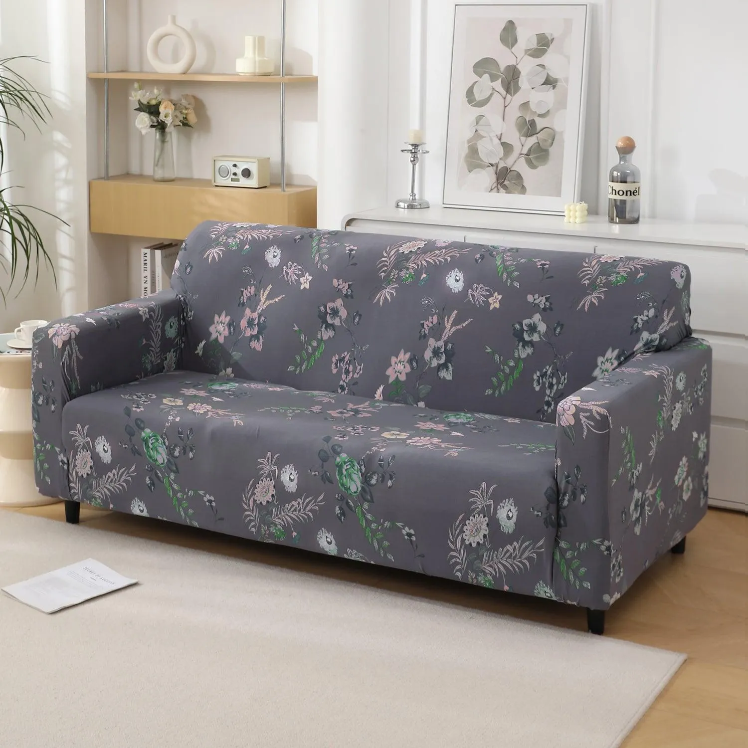 Bentonite Grey Budding Florals Printed Elastic Sofa Cover