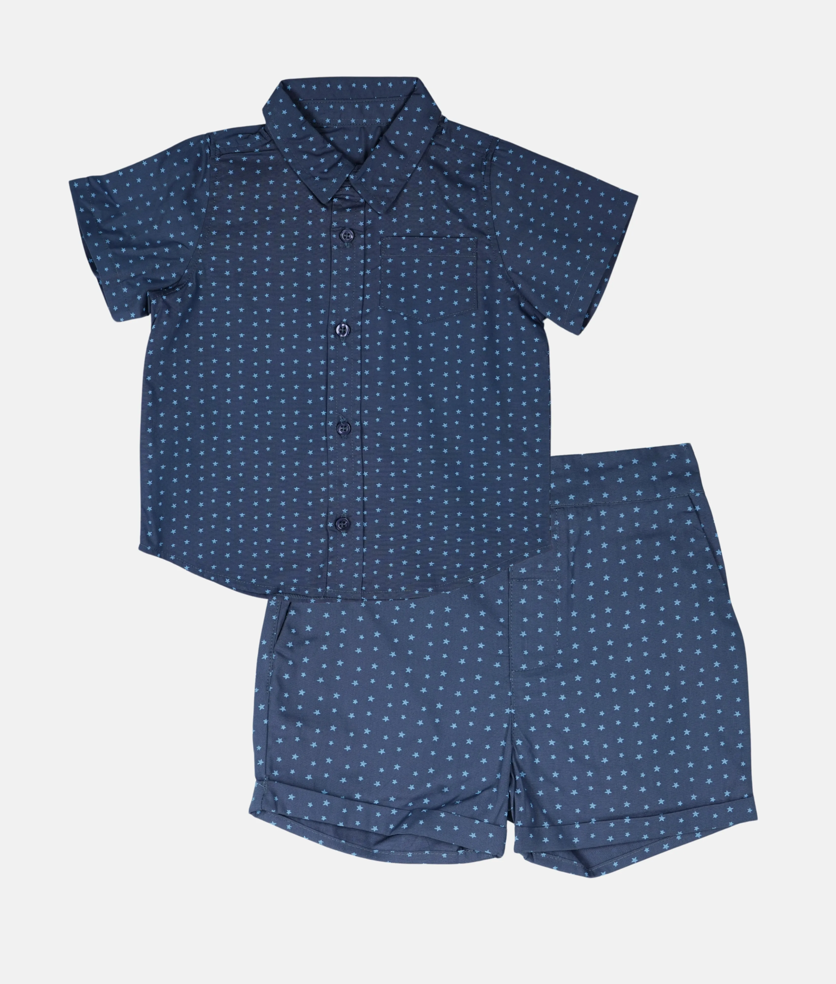 Boys Collared Short Sleeve Shirt & Short 2pcs Set - Blue Stars