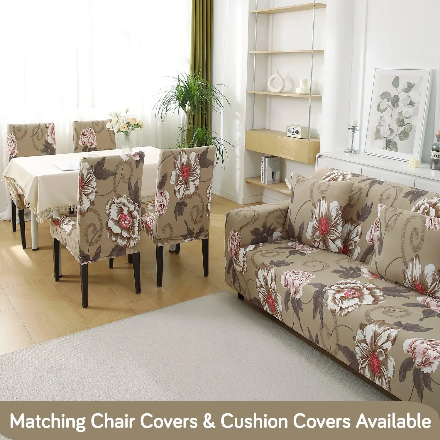 Buff Brown Geum Printed Stretchable Sofa Cover