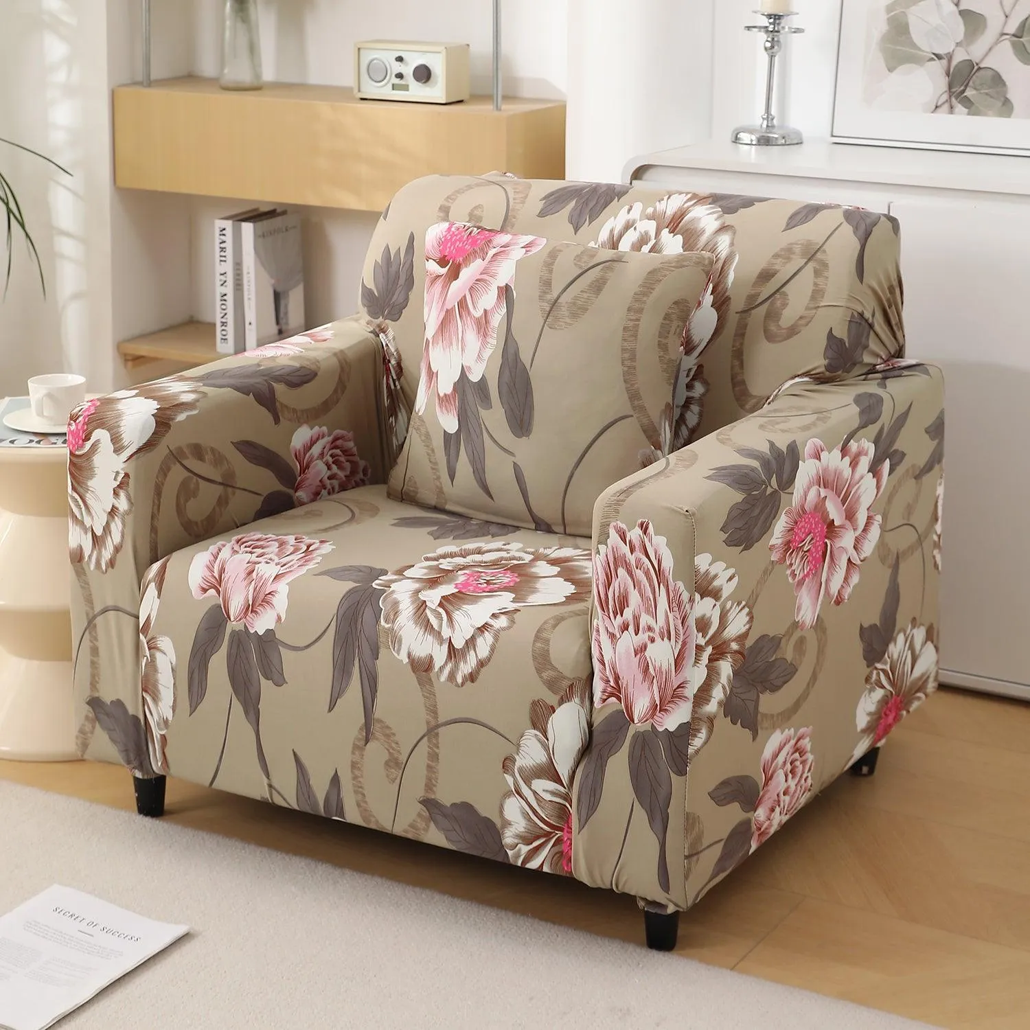 Buff Brown Geum Printed Stretchable Sofa Cover