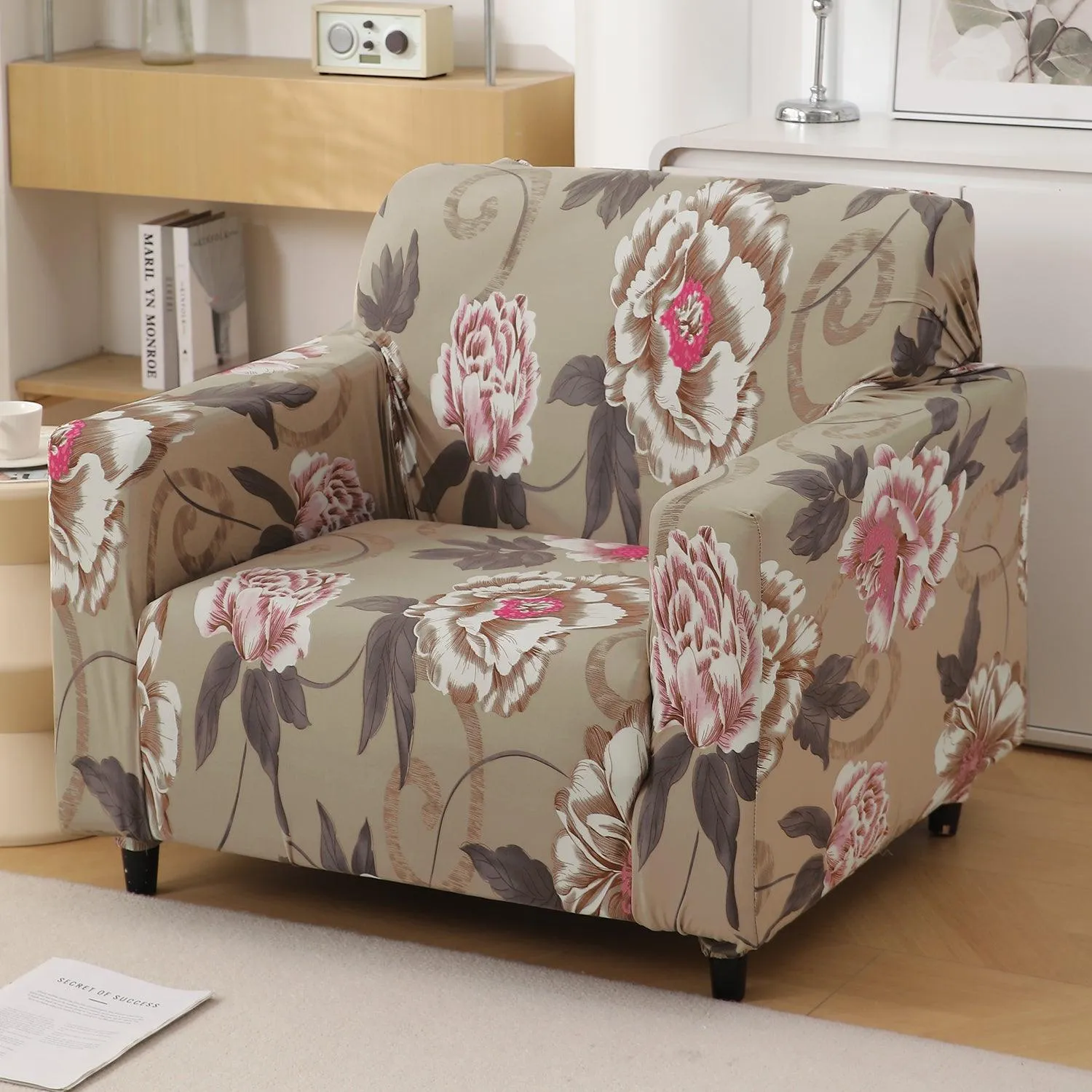 Buff Brown Geum Printed Stretchable Sofa Cover