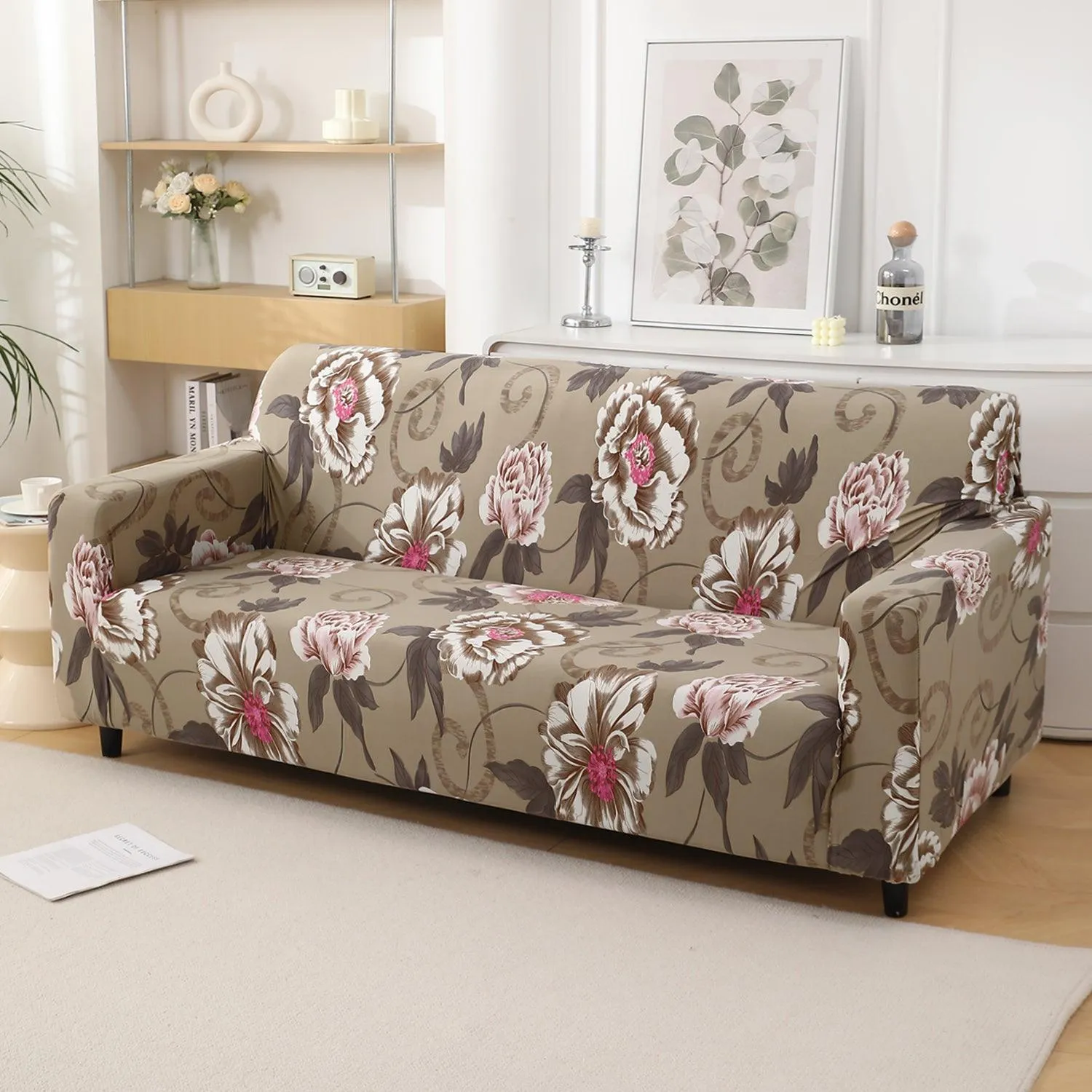 Buff Brown Geum Printed Stretchable Sofa Cover