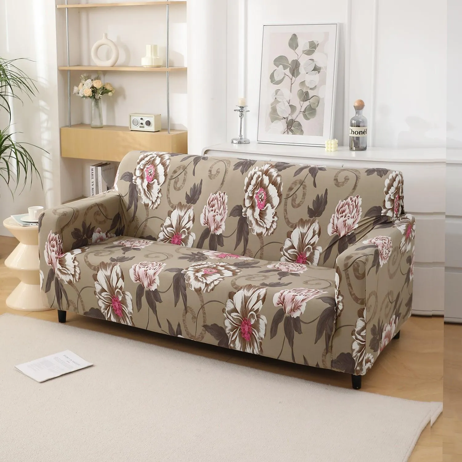 Buff Brown Geum Printed Stretchable Sofa Cover