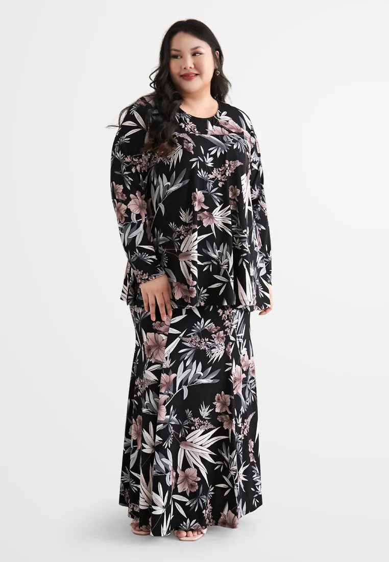 Emalina Full Stretch Flare Floral Kurung Set - Black