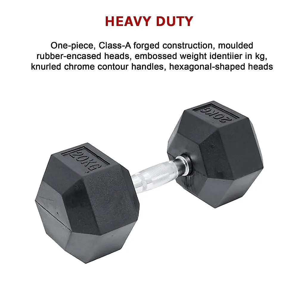 Ergonomic 20KG Rubber Hex Dumbbell with Chrome Handles