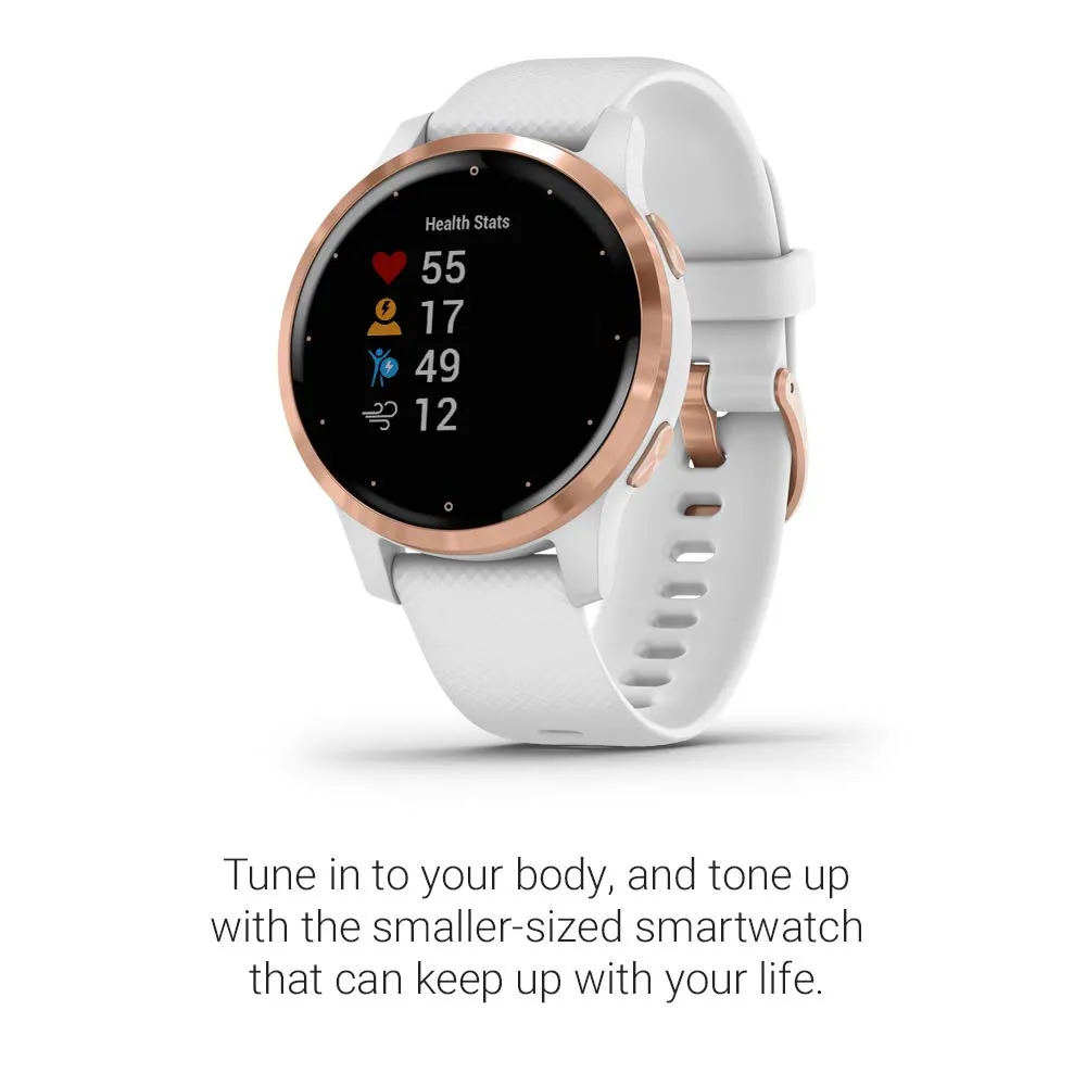 Garmin Vívoactive 4S, Smaller-Sized GPS Smartwatch, Features Music, Body Energy Monitoring, Animated Workouts, Pulse Ox Sensors and MORE, White/Rose Gold