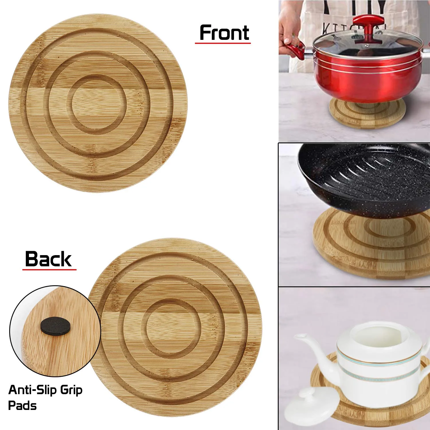 HOKIPO® Eco-Friendly Extra Thick Bamboo Wooden Coasters for Home Pan Pot Holder for Dining Table Heat Pad for Kitchen - Pack of 2 (AR2924)