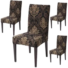 HOKIPO Polyester Blend Dining Chair Cover Set of 4 Seater Stretchable Elastic Slipcovers (Ar-4037-D2*4, Brown)