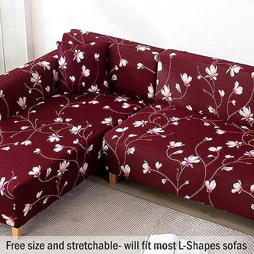 HOKIPO Sofa Cover L Shape, Wine Red Flowers (AR-4095-D11)