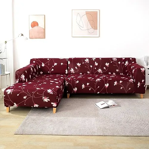 HOKIPO Sofa Cover L Shape, Wine Red Flowers (AR-4095-D11)