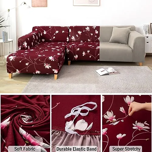 HOKIPO Sofa Cover L Shape, Wine Red Flowers (AR-4095-D11)