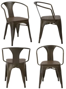 Industrial Antique Bronze Dining Commercial Metal Wood Arm Chair, Set of 4