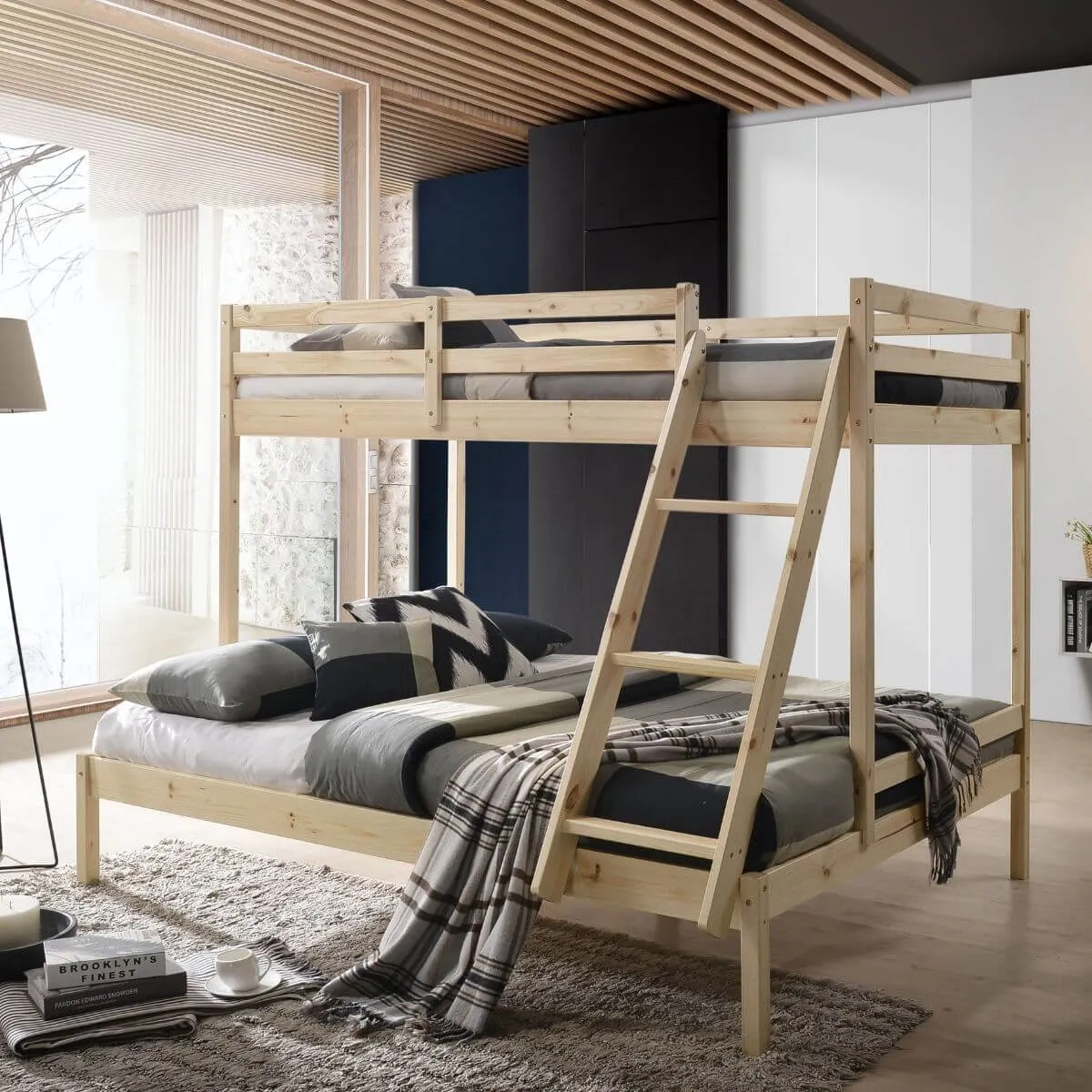 Kids Solid Timber Single over Double Bunk Bed Natural