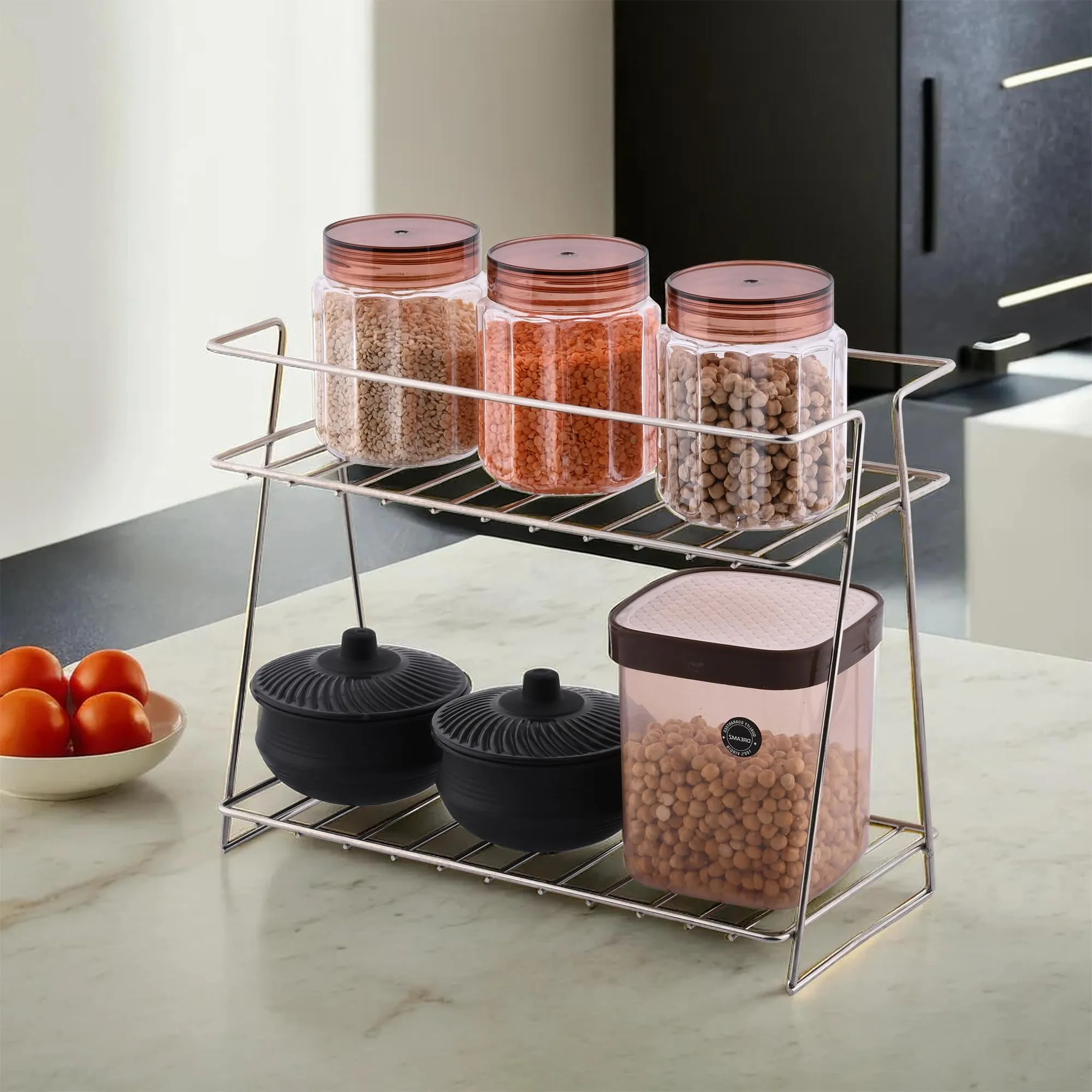 Kuber Industries (Set of 5) Multipurpose Counter Top Spice Rack Trolley Organizer 2-Layer Stainless Steel Corner Stand for Kitchen | Silver