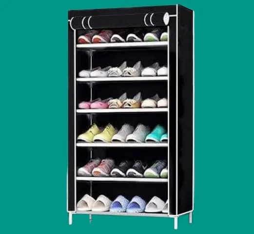 Kuber Industries Shoe Rack|Non-Woven 6 Shelves Shelf|Foldable Storage Rack Organizer for Shoe, Books (Black)