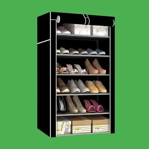 Kuber Industries Shoe Rack|Non-Woven 6 Shelves Shelf|Foldable Storage Rack Organizer for Shoe, Books (Black)