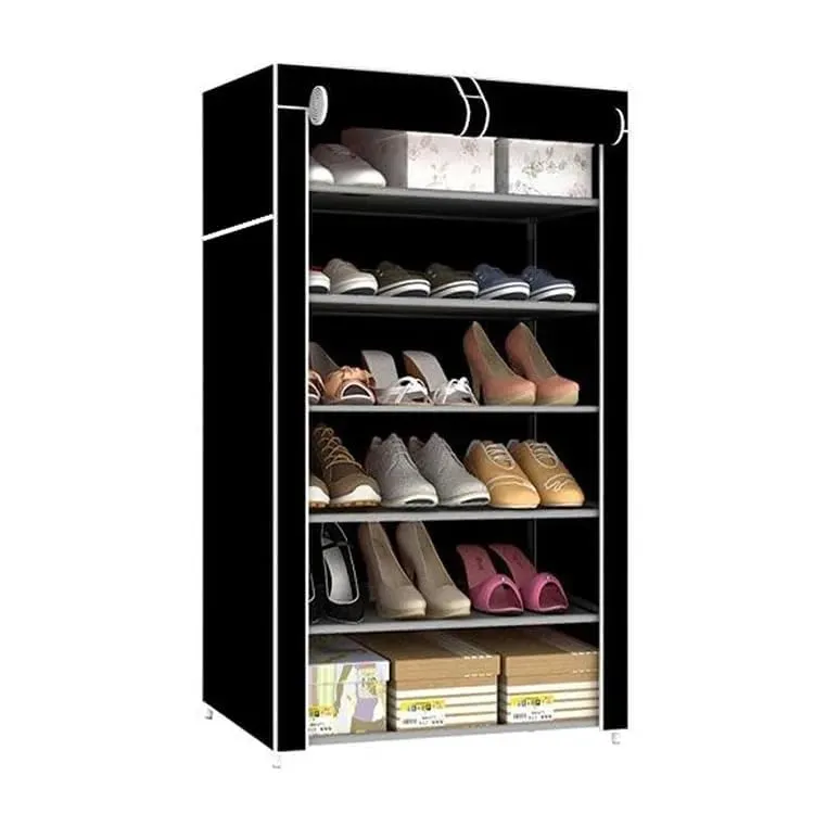 Kuber Industries Shoe Rack|Non-Woven 6 Shelves Shelf|Foldable Storage Rack Organizer for Shoe, Books (Black)