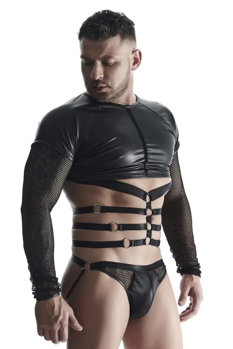 Men's Long Sleeve Shirt With Harness TSH019 Black by Regnes Fetish Planet