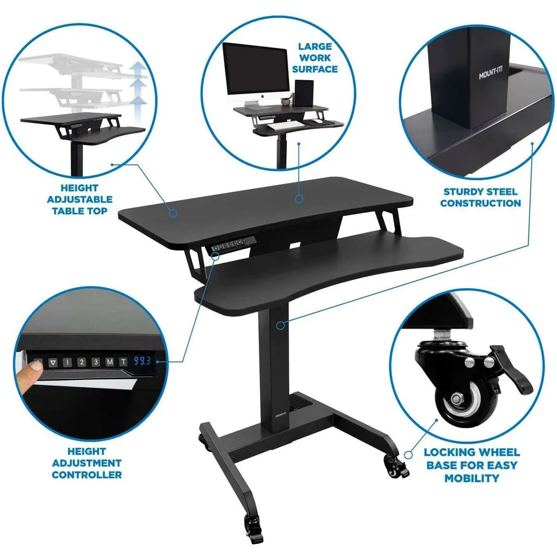 Mount-It! Electric Mobile Height-Adjustable Sit-Stand Workstation on Wheels w/ Programmable Controller, MI-7982