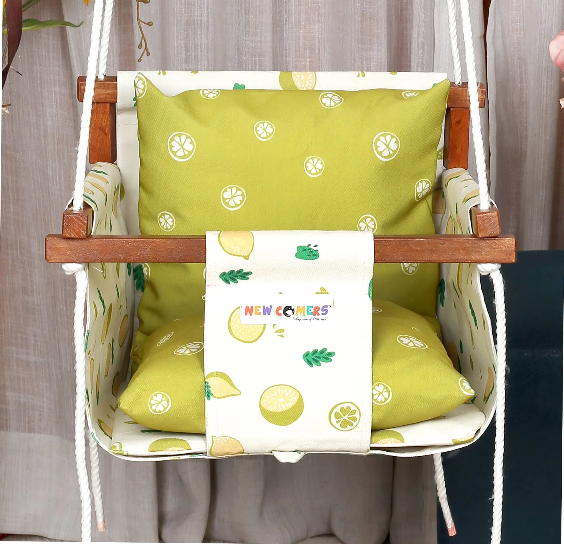 NEW COMERS Cotton Swing For Kids | Jhula For Kids | Jhula For Baby | Baby Swing Hanging Indoor Outdoor | Baby Garden Swing With 2 Pillows (6 Months To 4 Years) (Up To 20 Kg)-Yellow-908, 12 Inch