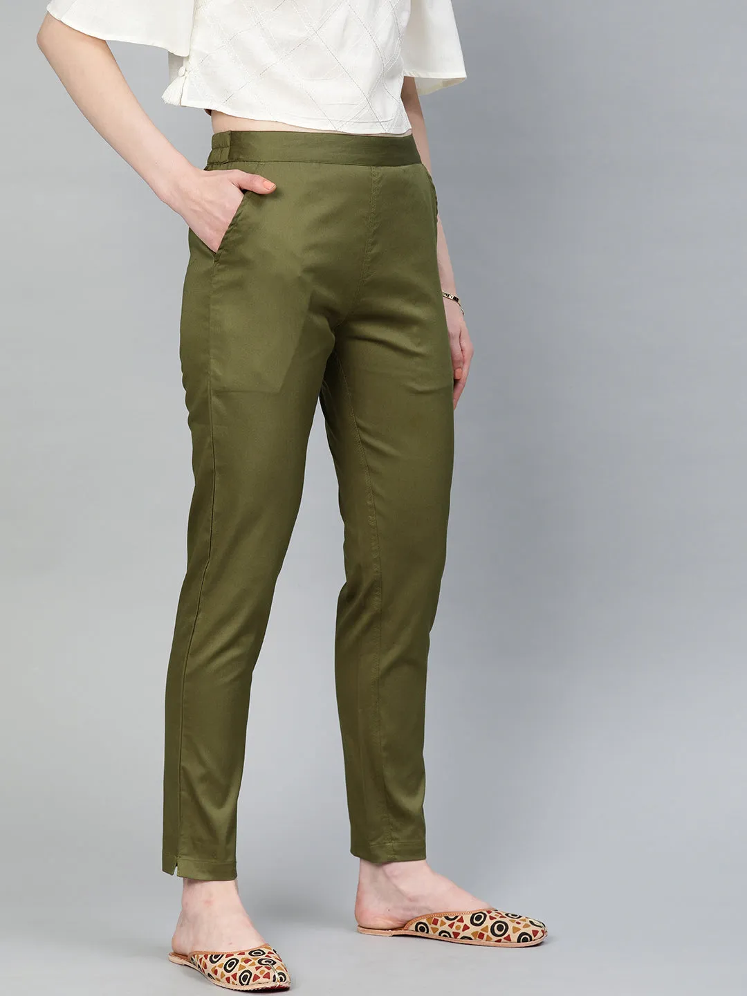 Olive Green Solid Cotton Lycra Pants