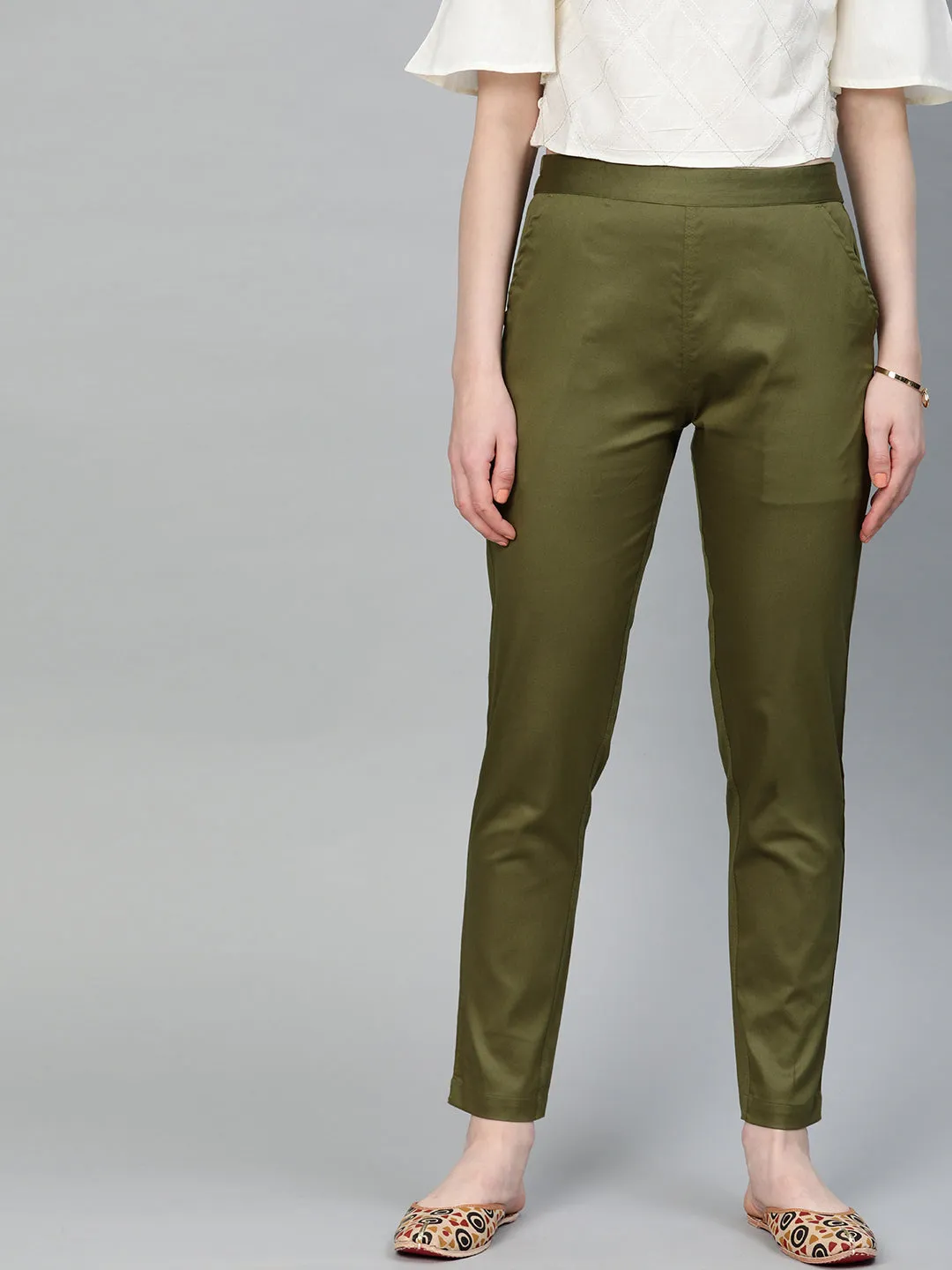 Olive Green Solid Cotton Lycra Pants