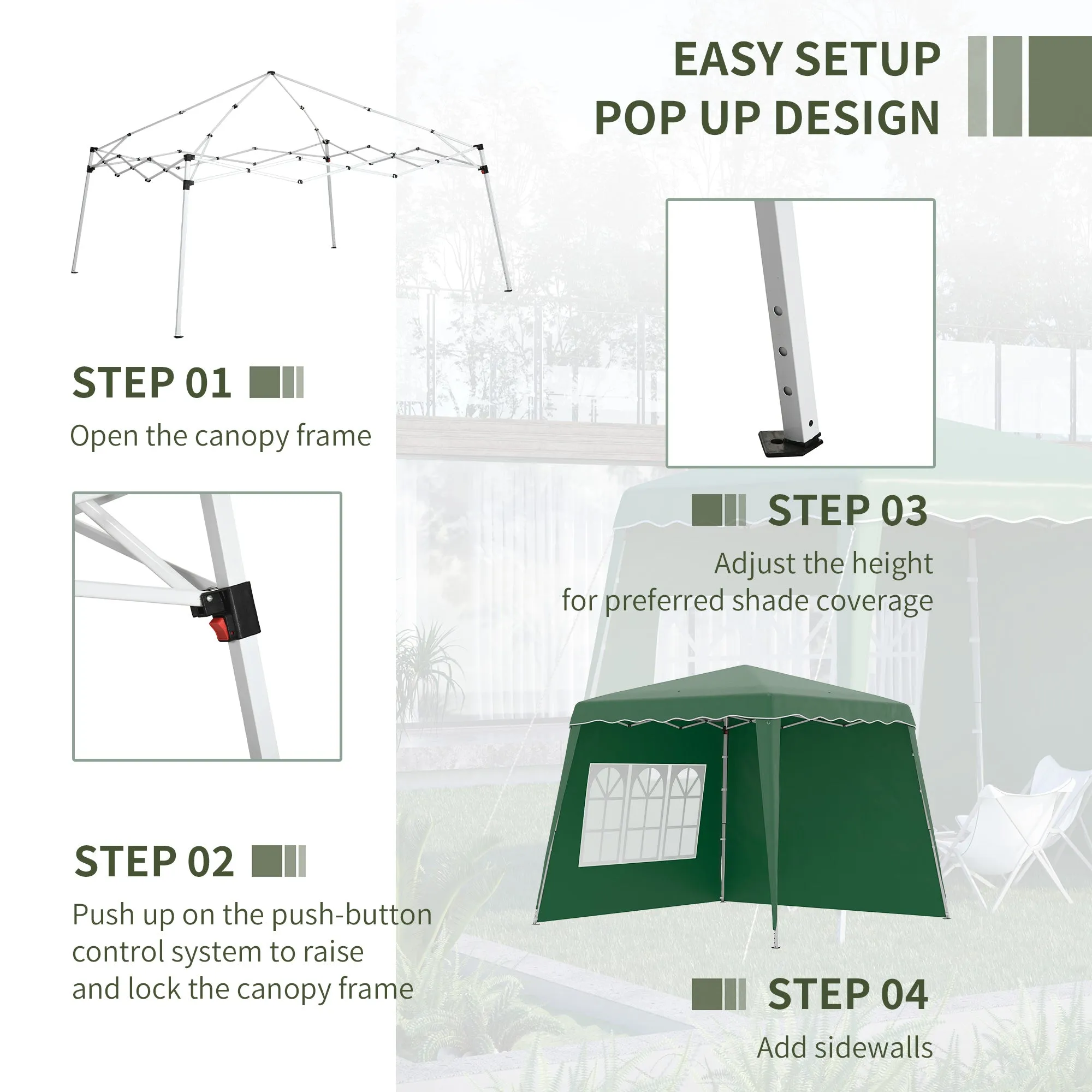 Outsunny Pop Up Gazebo with 2 Sides, Slant Legs and Carry Bag, Height Adjustable UV50  Party Tent Event Shelter for Garden, Patio, 2.4 x 2.4m Top / 2.9 x 2.9m Base, Green