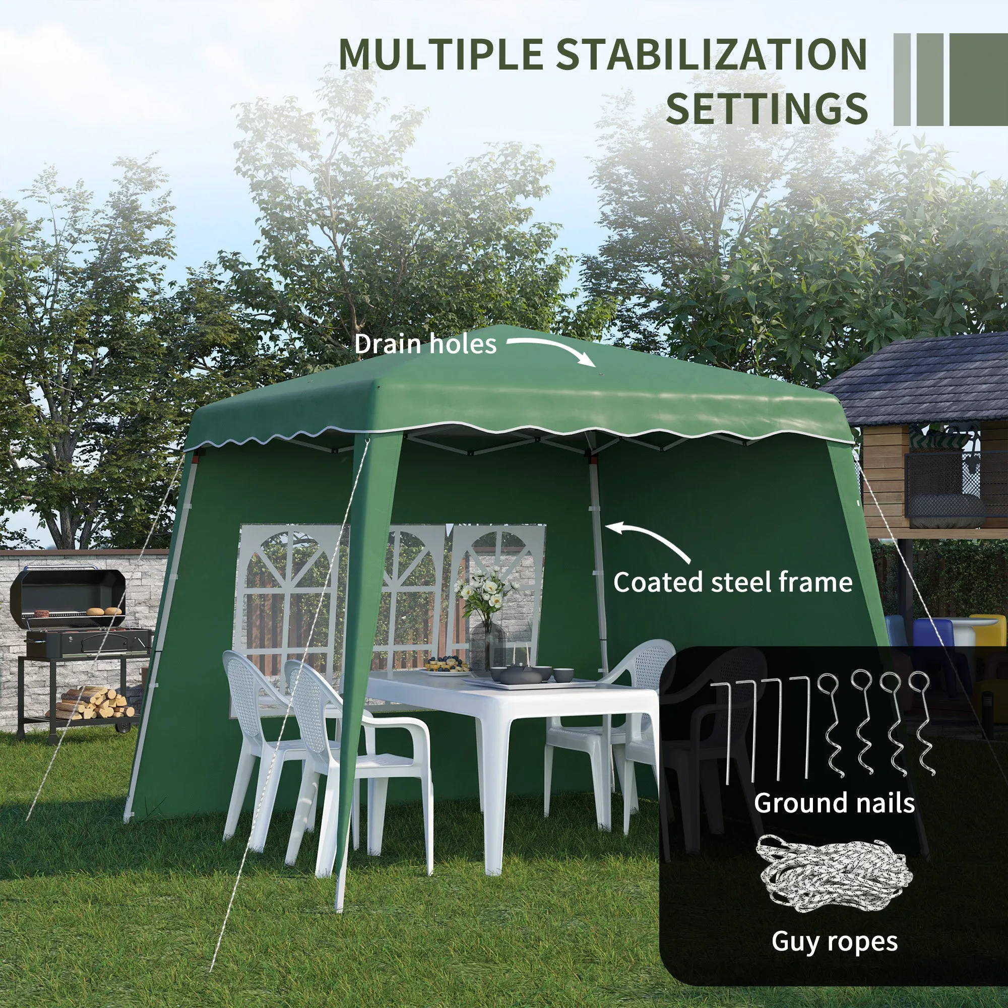 Outsunny Pop Up Gazebo with 2 Sides, Slant Legs and Carry Bag, Height Adjustable UV50  Party Tent Event Shelter for Garden, Patio, 2.4 x 2.4m Top / 2.9 x 2.9m Base, Green