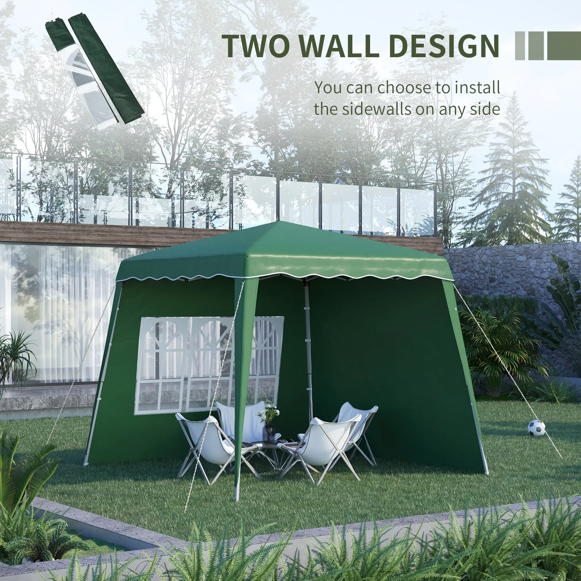 Outsunny Pop Up Gazebo with 2 Sides, Slant Legs and Carry Bag, Height Adjustable UV50  Party Tent Event Shelter for Garden, Patio, 2.4 x 2.4m Top / 2.9 x 2.9m Base, Green