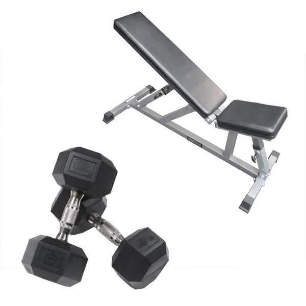 Package Deal 16 - Flat Incline bench and five pairs of rubber hex dumbbells - 5kg, 7.5kg, 10kg, 12.5kg and 15kg (Package price)