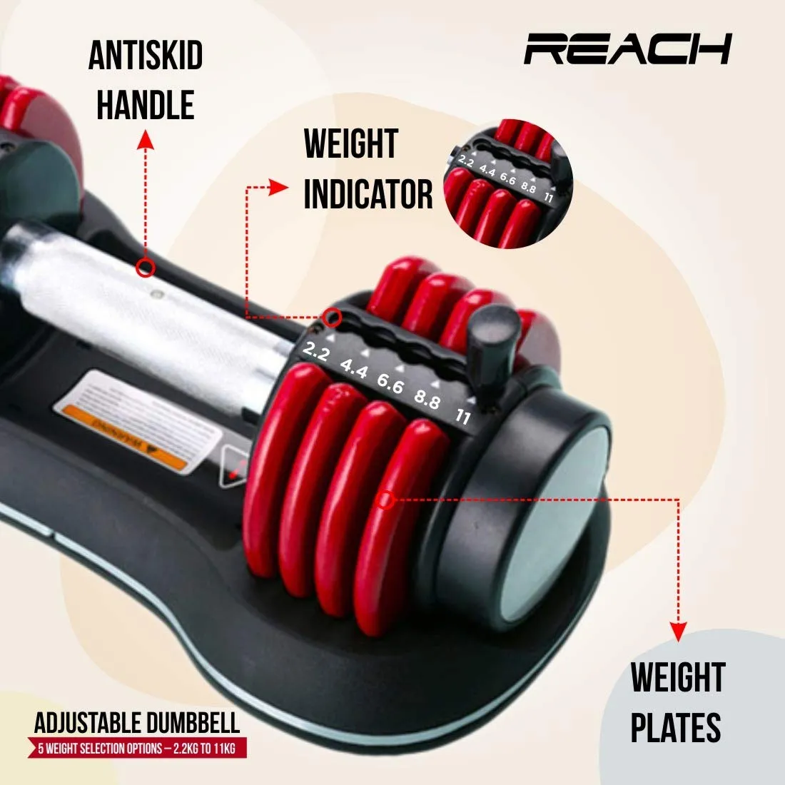 Reach Carbon Adjustable Dumbbells (2.2 kg to 11 kg) Pefect Home Gym Equipment for Fitness and Full Body Workout Easy Weight Adjustment with Pin Lock Technology Space Saver Dumbbell Suitable for Men and Women