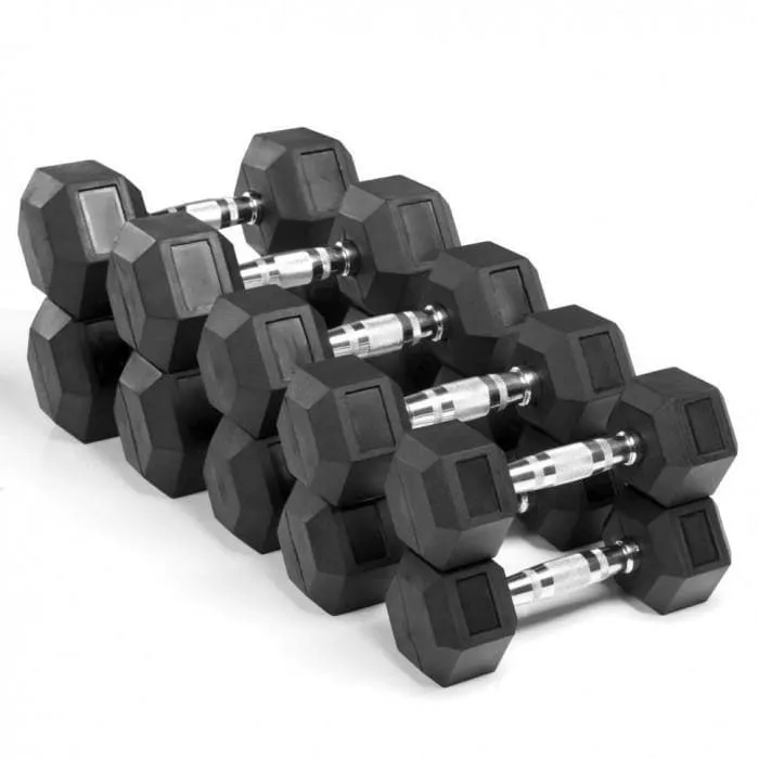 Rubber Hex "Class A" Dumbbell Set with Morgan 2-Tier Storage Rack, 5kg - 25kg