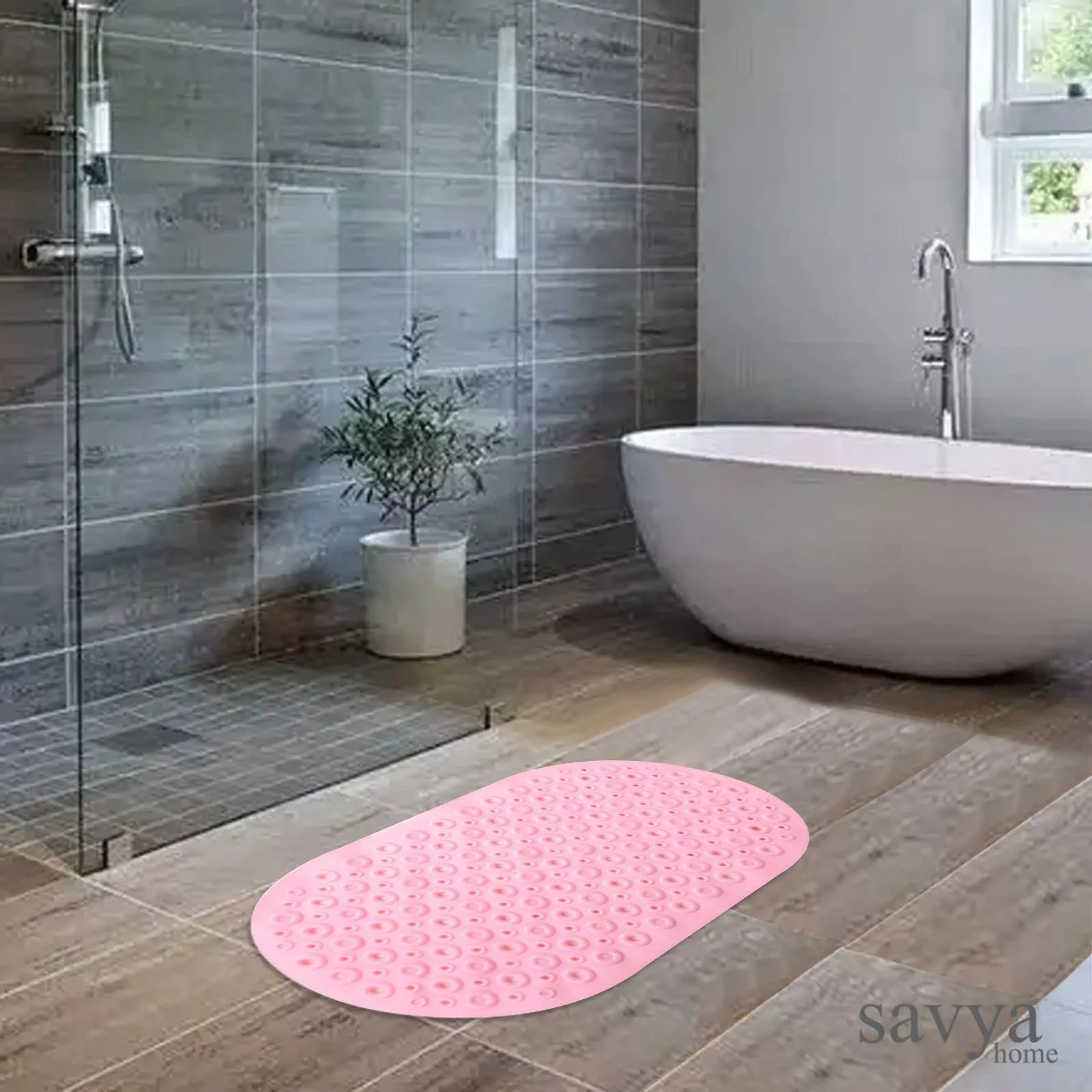 Savya Home Diatom Mud Oval Bathroom Floor Mat PVC/Non-Slip & Soft/Light Weight Mat for Living Room, Anti Skid Mat for Bathroom Floor/Shower Mat/Multipurpose Mat (Dark Blue) (Light Pink)