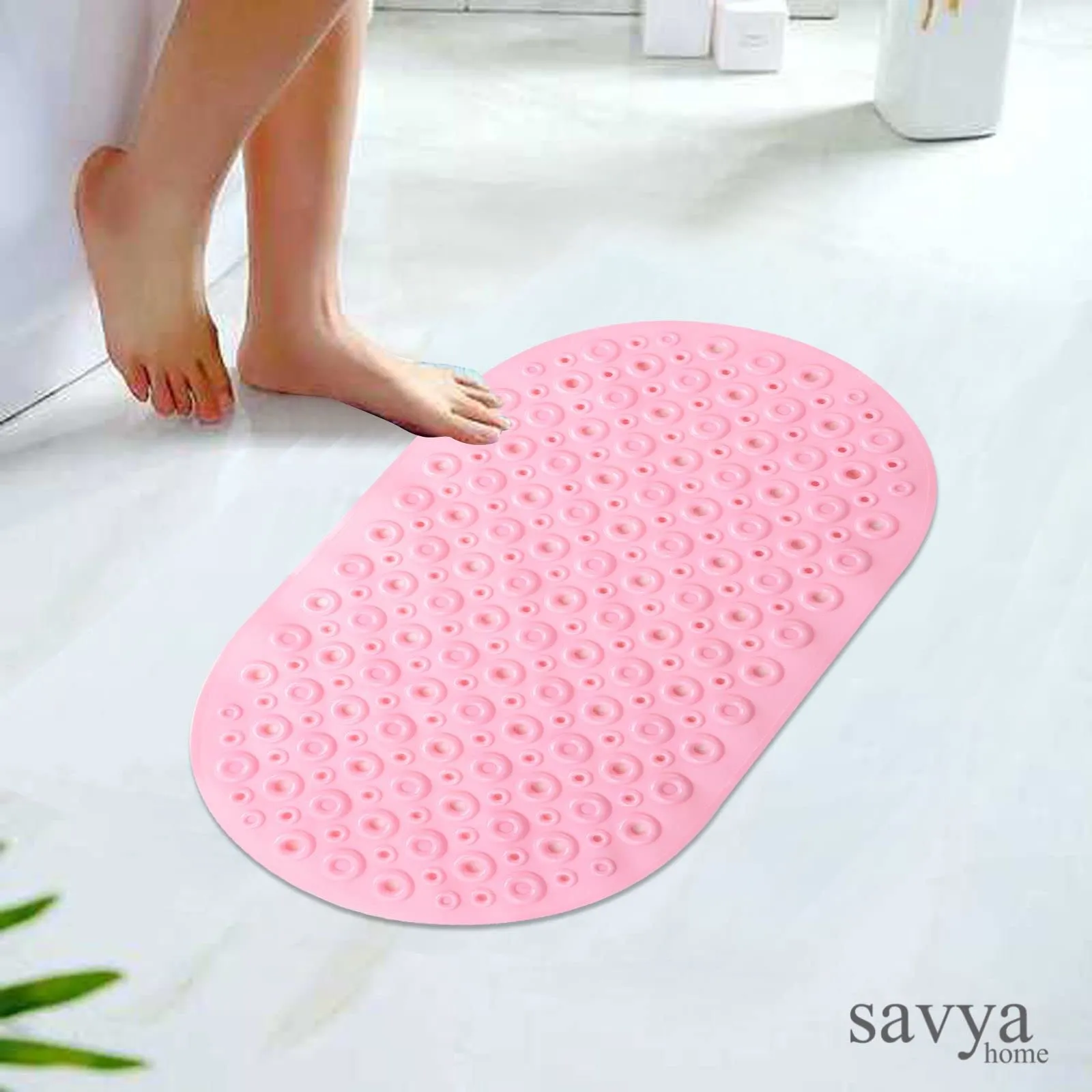 Savya Home Diatom Mud Oval Bathroom Floor Mat PVC/Non-Slip & Soft/Light Weight Mat for Living Room, Anti Skid Mat for Bathroom Floor/Shower Mat/Multipurpose Mat (Dark Blue) (Light Pink)