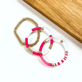 Set of Three Tube and Beaded Bracelets in Hot Pink, White, and Gold Tone Mix