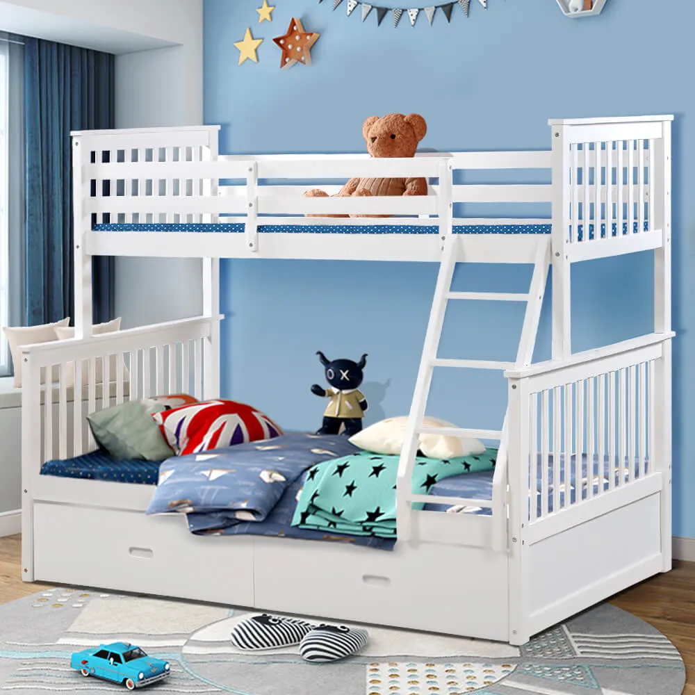 Solid Wood Bunk Beds for Kids, Twin Over Full Bunk Bed with 2 Drawers, White