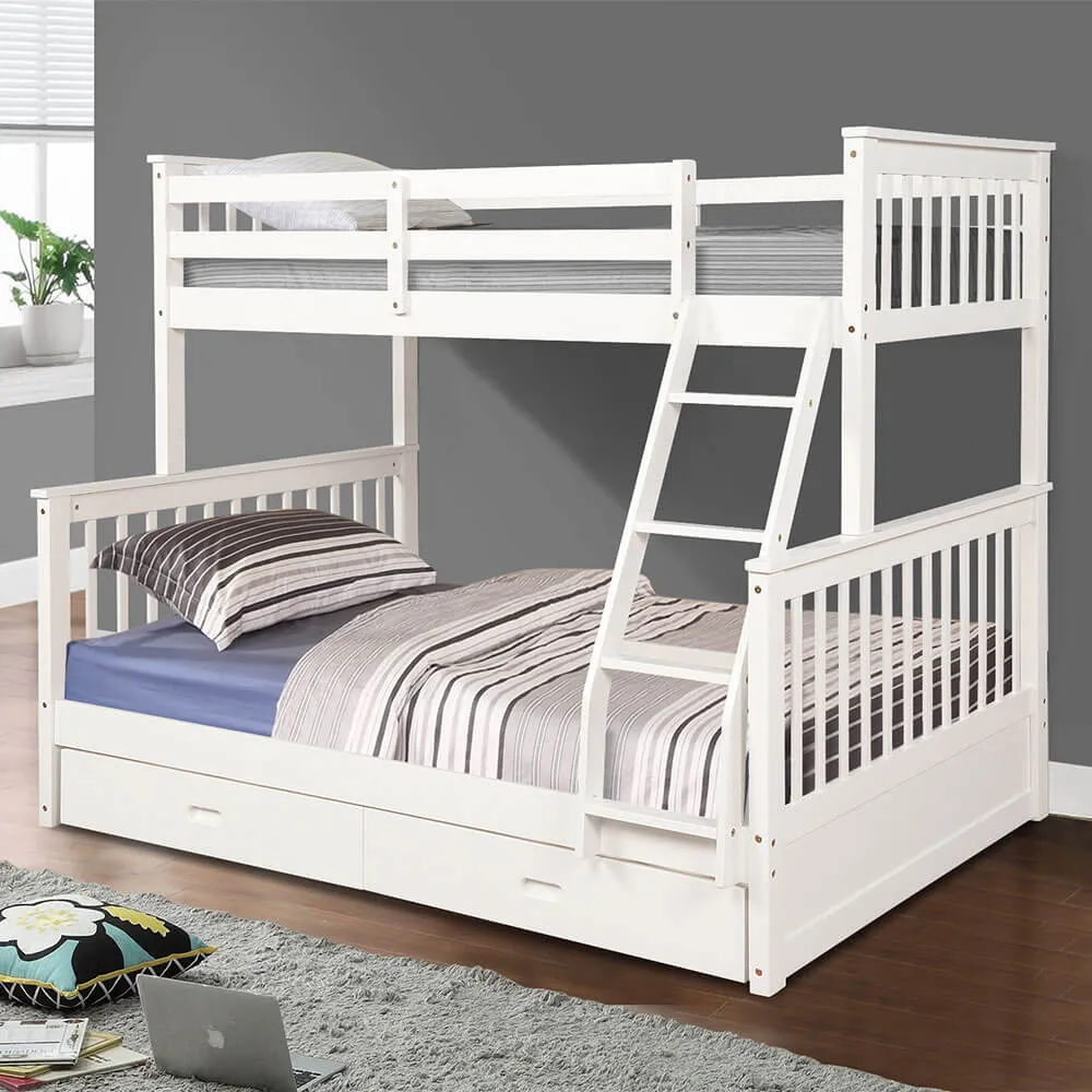 Solid Wood Bunk Beds for Kids, Twin Over Full Bunk Bed with 2 Drawers, White