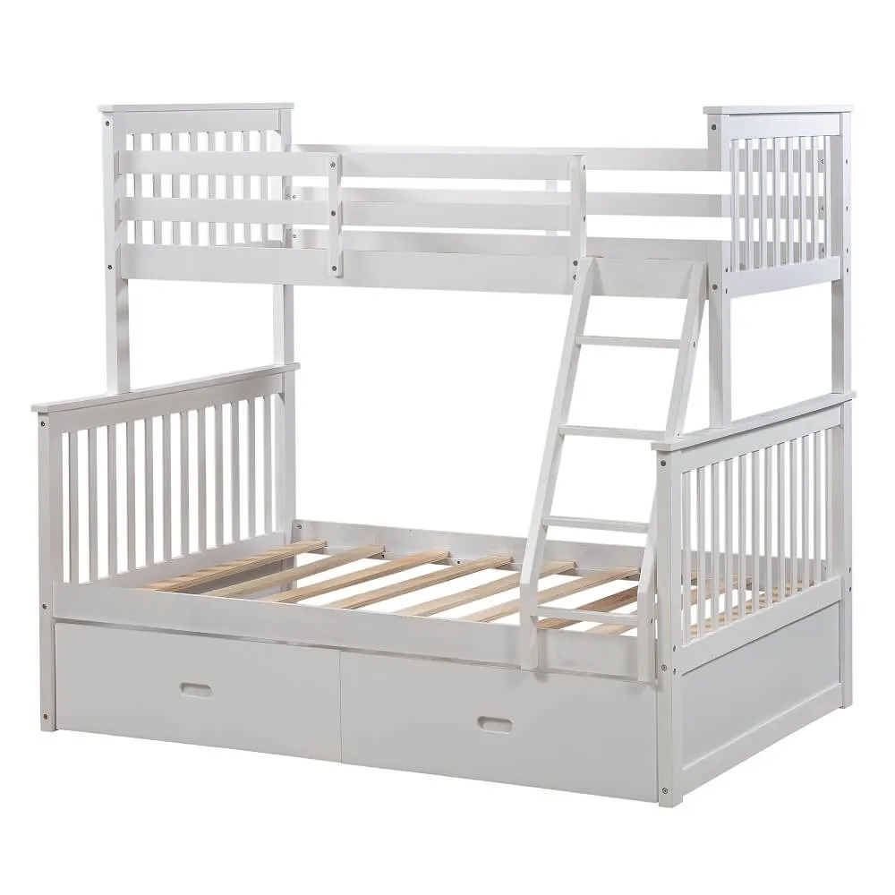 Solid Wood Bunk Beds for Kids, Twin Over Full Bunk Bed with 2 Drawers, White