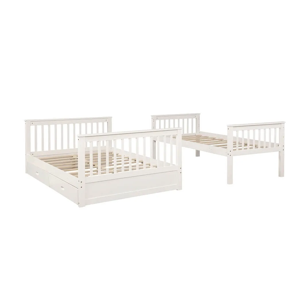 Solid Wood Bunk Beds for Kids, Twin Over Full Bunk Bed with 2 Drawers, White