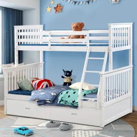 Solid Wood Bunk Beds for Kids, Twin Over Full Bunk Bed with 2 Drawers, White